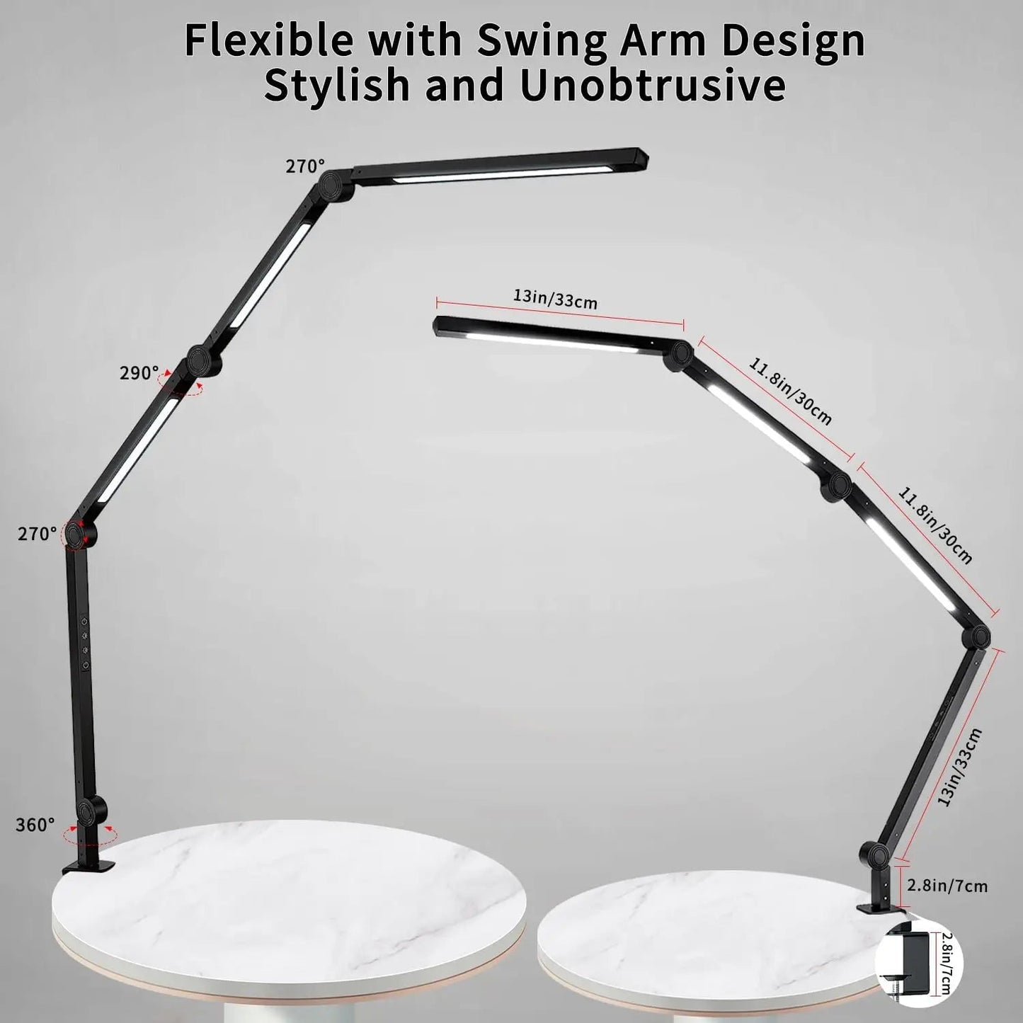 Black Melora LED swing-arm desk lamp clamped to a desk edge, side view