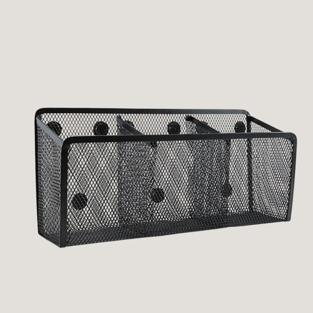 Black Melora magnetic metal mesh organizer with three compartments for office supplies