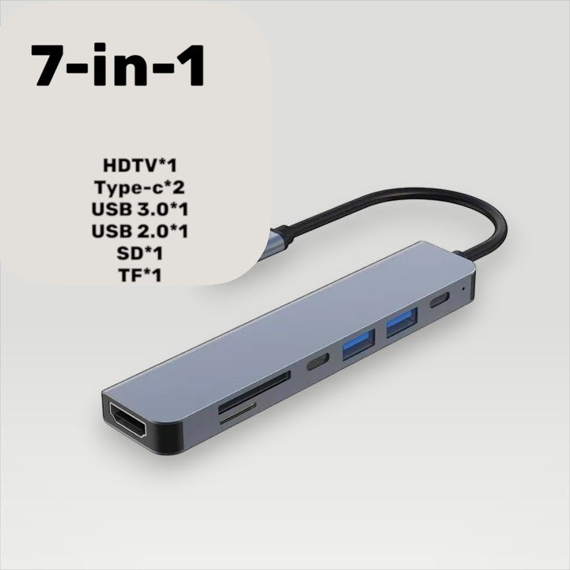 Gray aluminum Melora USB-C hub, 7-in-1, with 4K HDMI, USB 3.0 and memory card slots