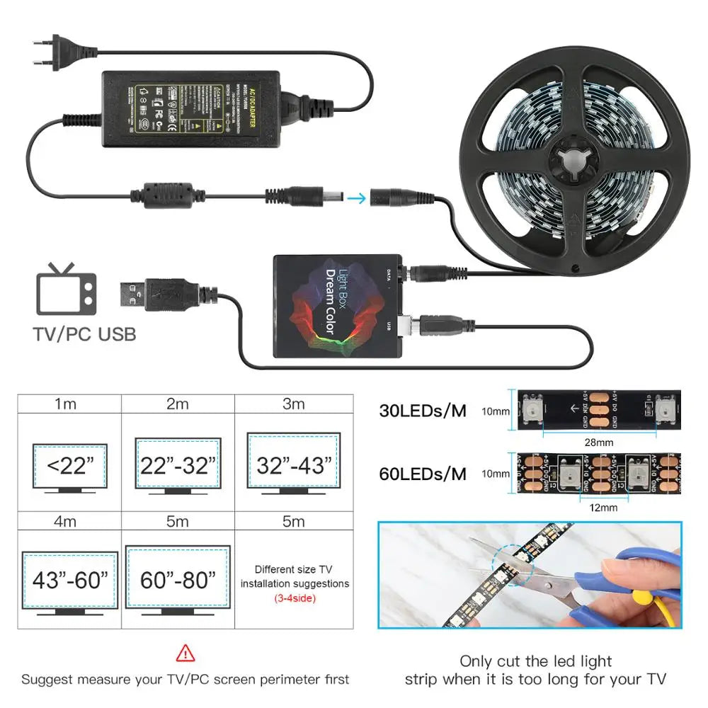 Ambient Backlight LED Strip Kit — Addressable WS2812B USB TV & PC Bias Lighting (1-5m)