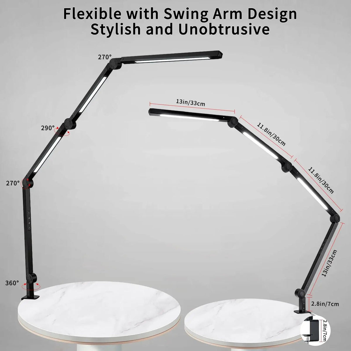Black Melora LED swing-arm desk lamp clamped to a desk edge, side view