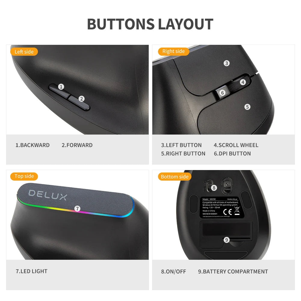 Delux M618C Wireless Vertical Ergonomic Mouse — Silent, RGB, 1600 DPI