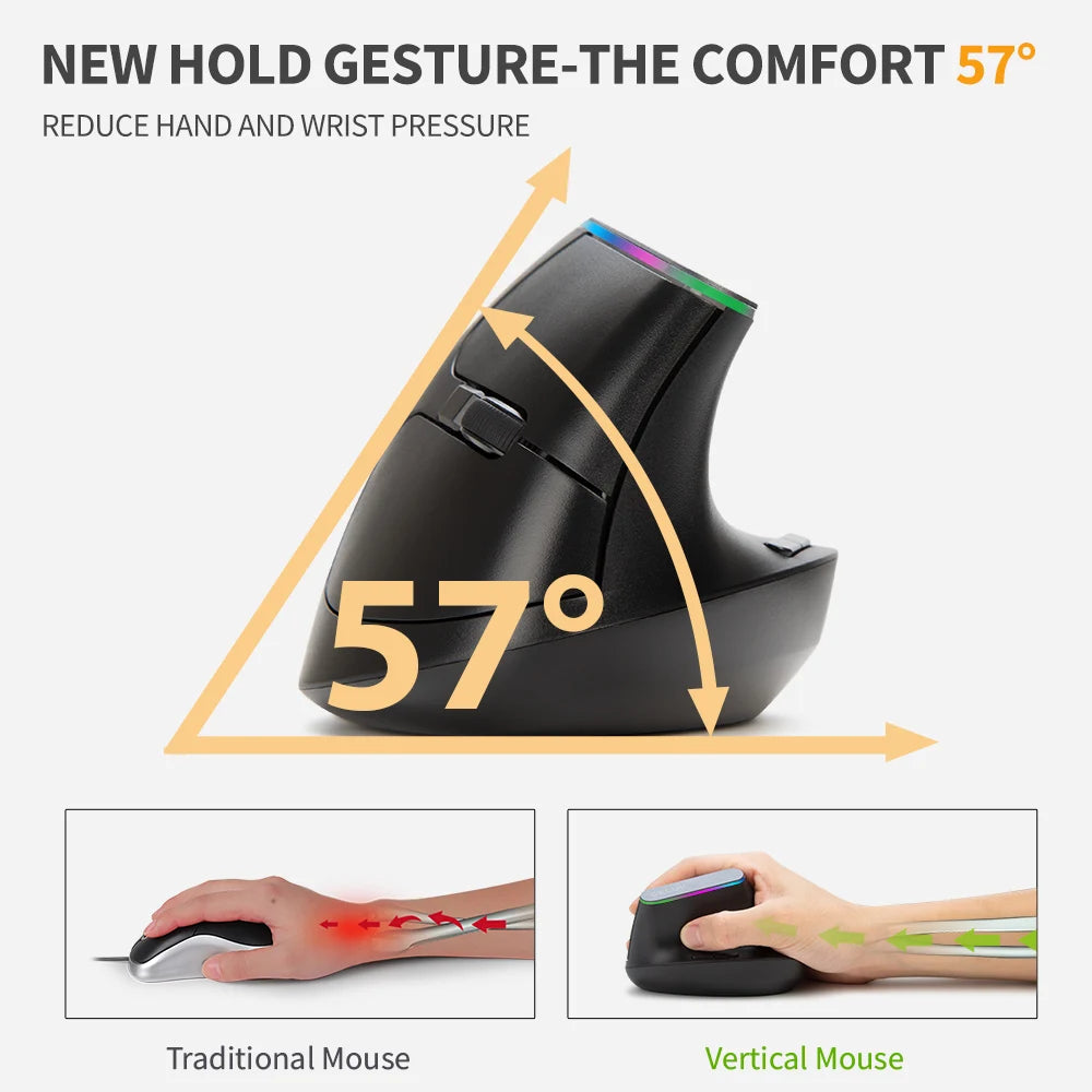 Delux M618C Wireless Vertical Ergonomic Mouse — Silent, RGB, 1600 DPI