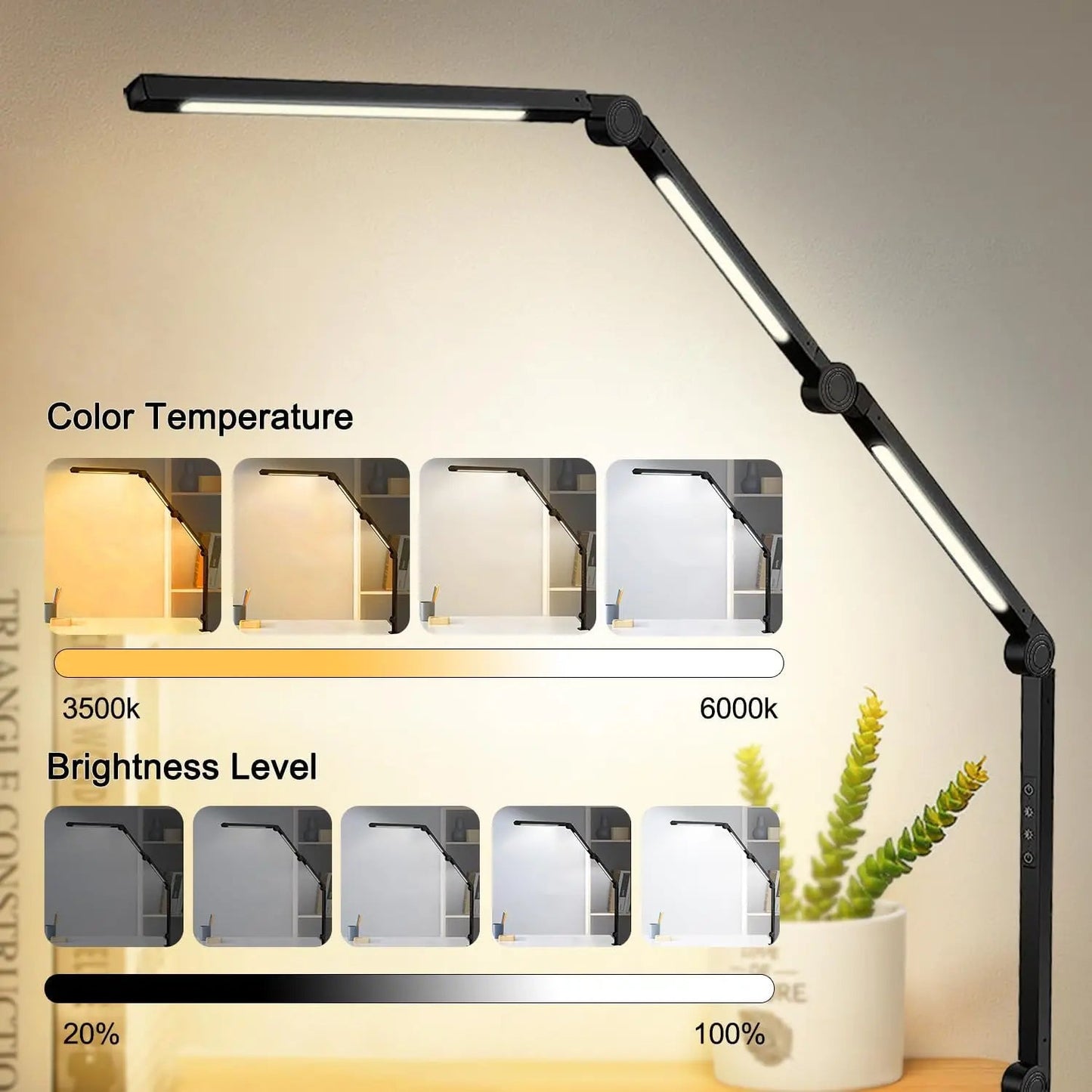 Black Melora LED swing-arm desk lamp with touch control panel, close-up view