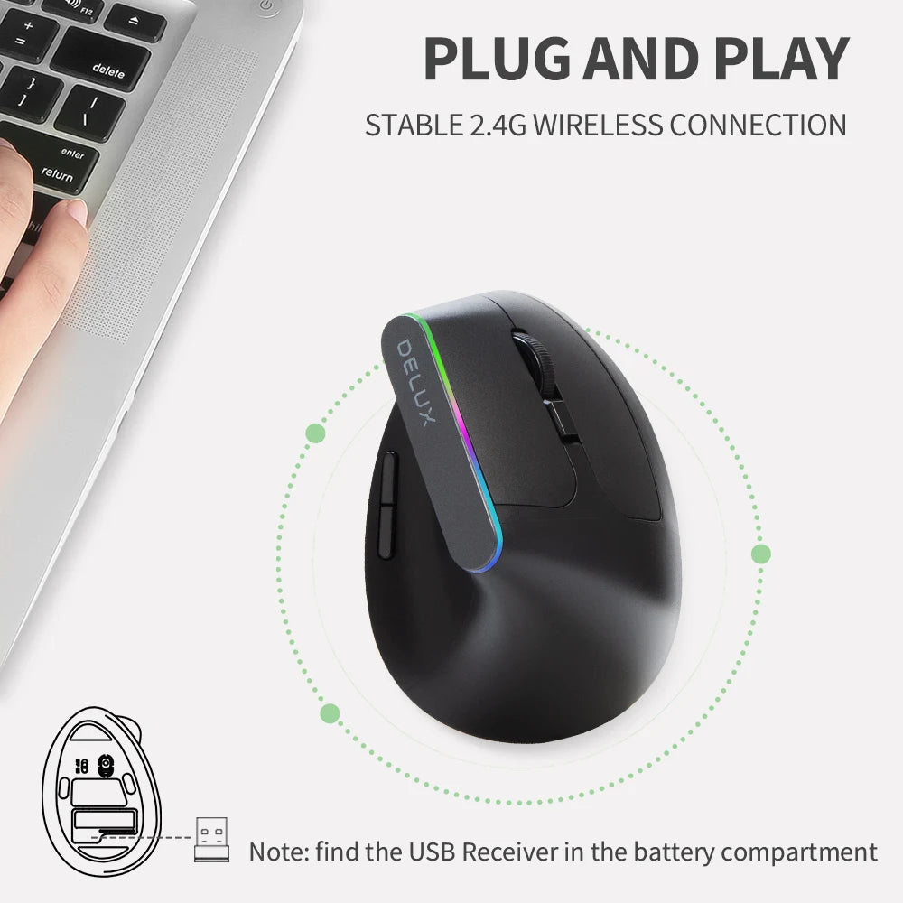 Delux M618C Wireless Vertical Ergonomic Mouse — Silent, RGB, 1600 DPI