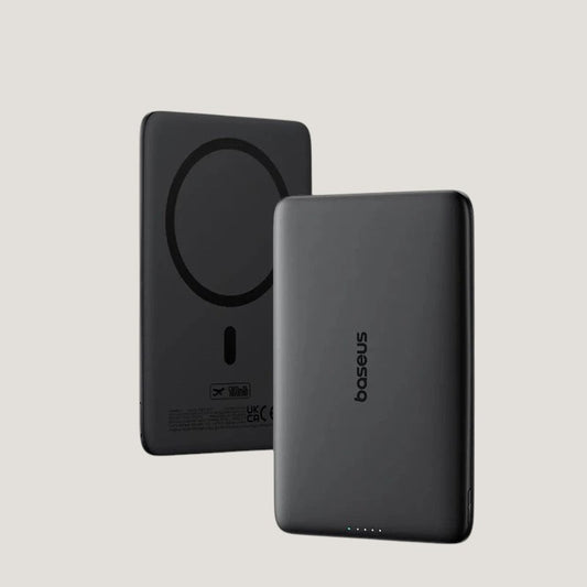 Black Baseus magnetic power bank by Melora, 5000mAh, with slim wireless charging body