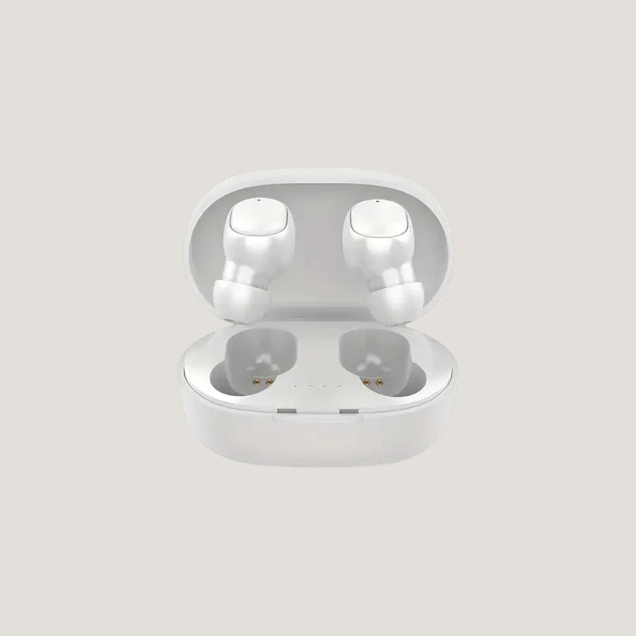 White Melora true wireless earbuds in charging case with LED indicator