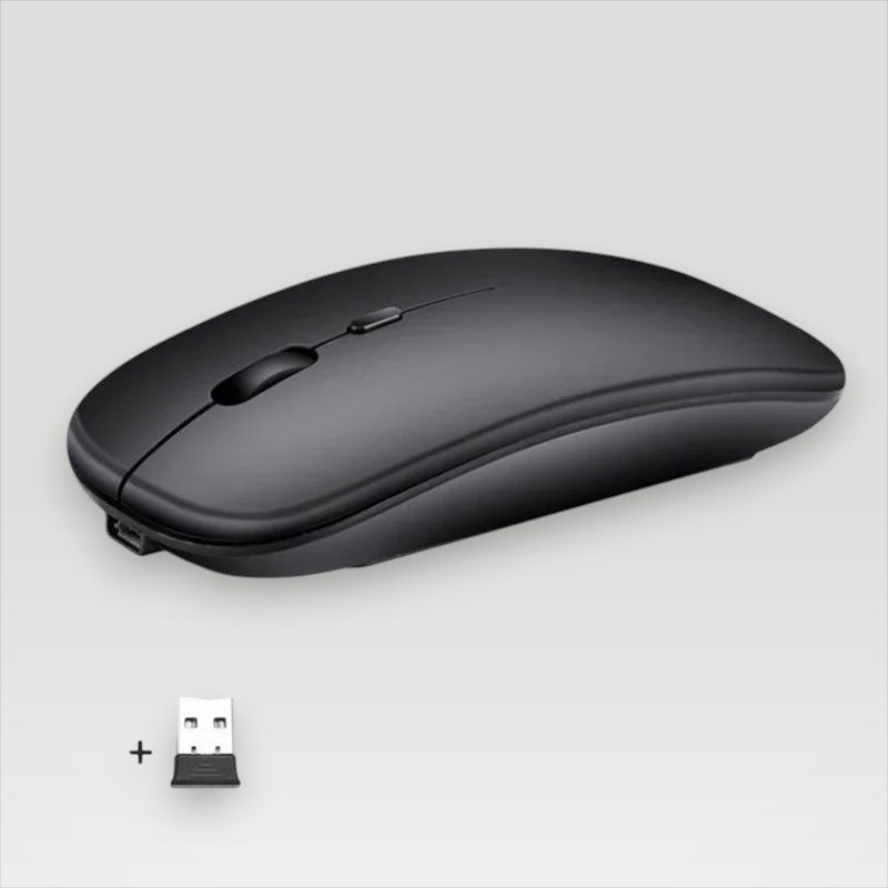 Black Melora wireless mouse with Bluetooth and USB receiver, silent clicks and rechargeable battery