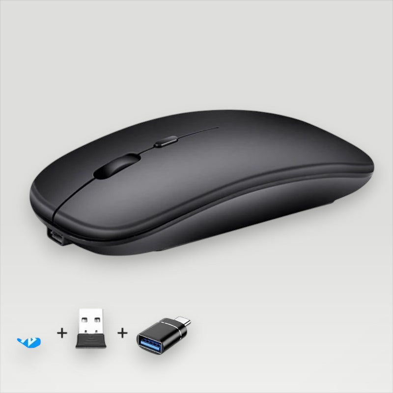 Black Melora wireless mouse with Bluetooth and USB receiver, rechargeable with silent clicks