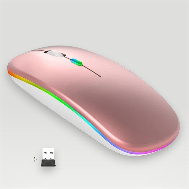 Pink Melora wireless mouse with RGB lighting, rechargeable battery and USB receiver