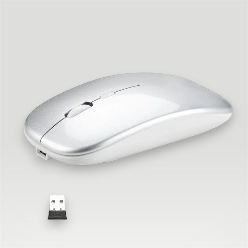 Silver Melora wireless mouse with Bluetooth and USB receiver for silent operation