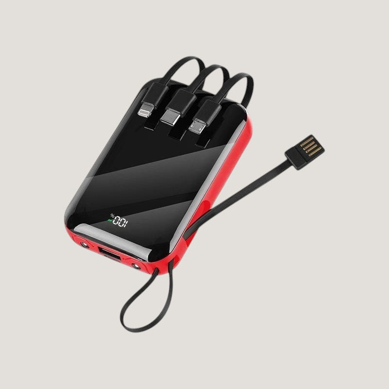 Black Melora wireless power bank with 22.5W fast charging, built-in cables and mirror-finish panel