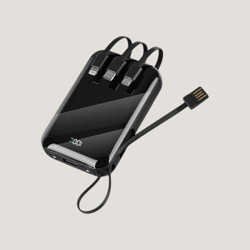Black Melora wireless power bank with mirror finish, built-in cables and digital charge indicator