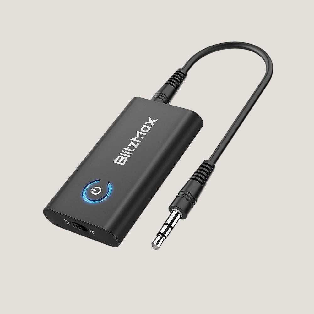 Black BlitzWolf BT05 2-in-1 Bluetooth audio adapter by Melora with 3.5mm jack and power indicator