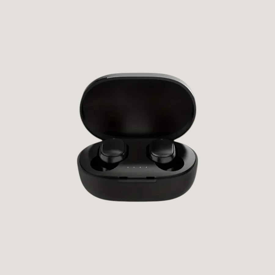Black Melora true wireless earbuds in charging case with LED indicator