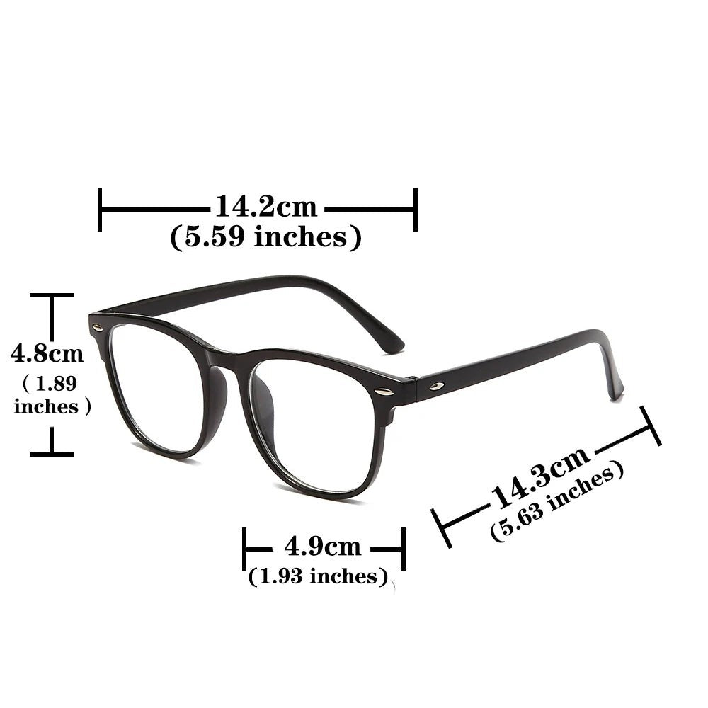Black round Melora blue light glasses with anti-glare coating, shown with dimensions