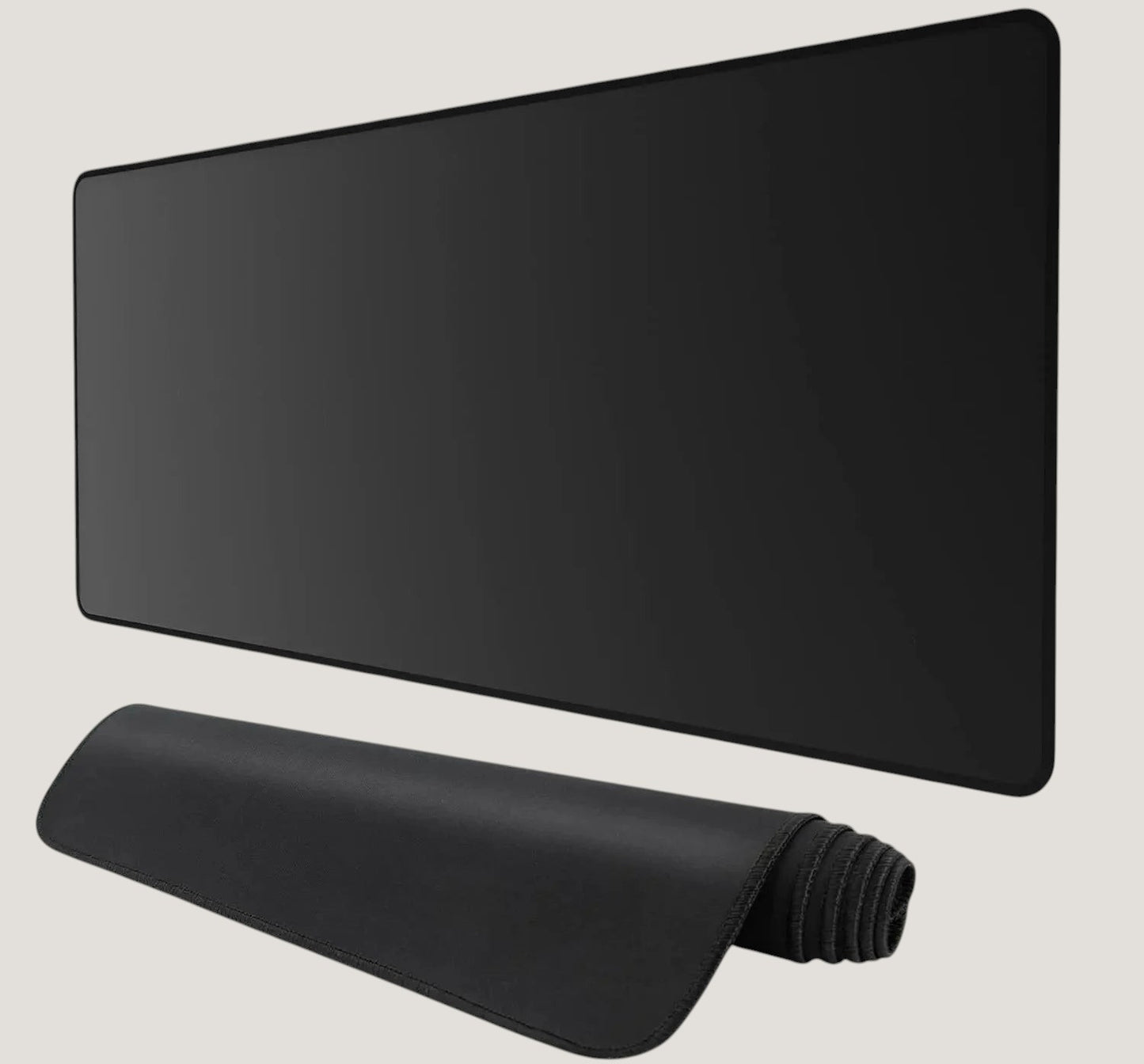 Black Melora extended desk mat with stitched edges and non-slip rubber base