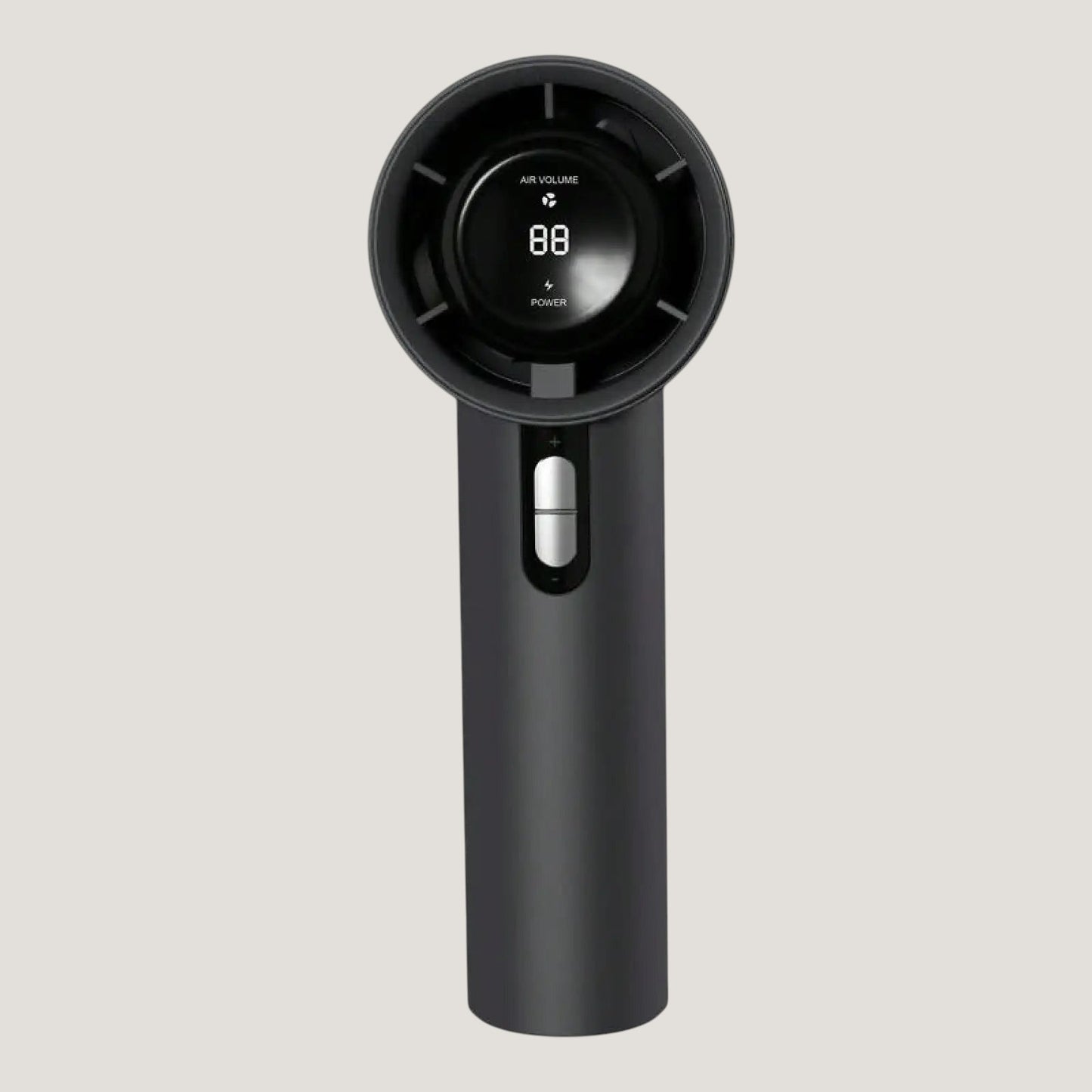Black Melora foldable handheld fan showing digital battery and airflow display