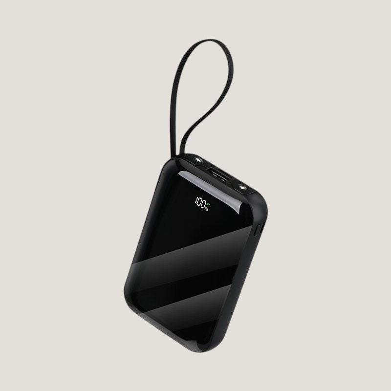 Black Melora wireless power bank with mirror finish, digital display and built-in charging strap