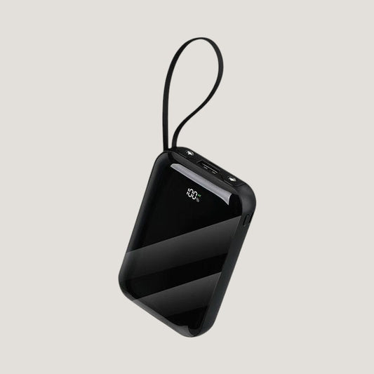 Black Melora wireless power bank with mirror finish, digital display and built-in charging strap