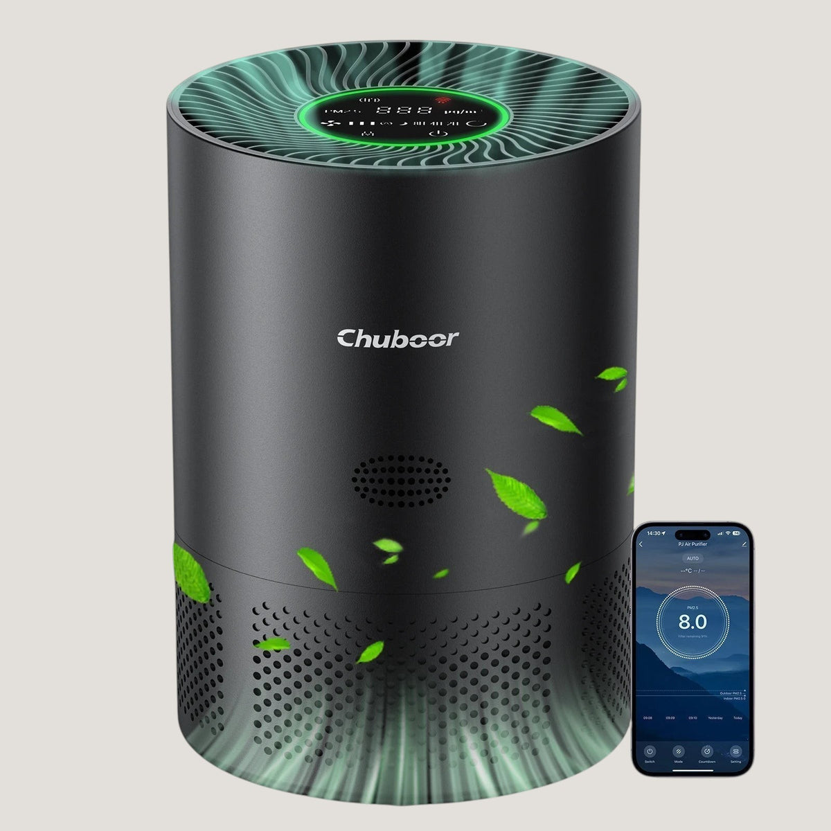 Melora Chuboor air purifier with H13 HEPA filter, black body, touch display and app control
