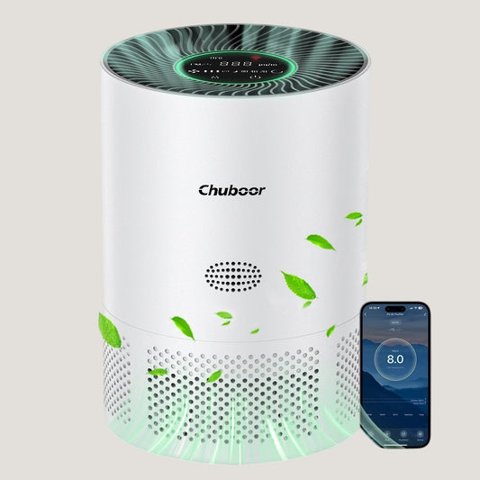 White Melora Chuboor air purifier with H13 HEPA filter, touch panel and Tuya app control