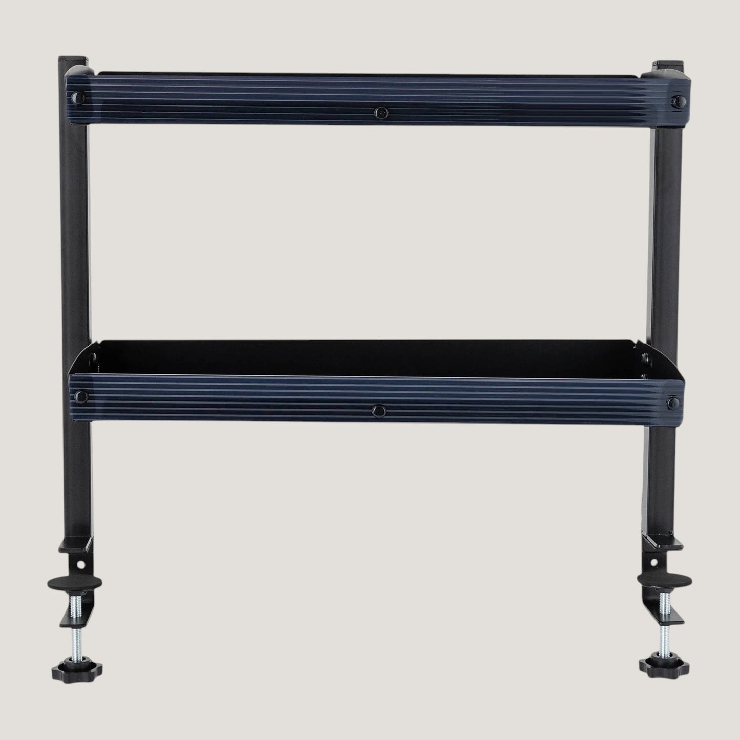 Black carbon steel Melora 2-tier desk shelf with clamp mount, side view