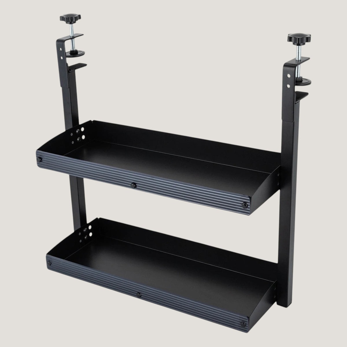 Black carbon steel Melora 2-tier desk shelf with clamp mount, organizing a desk setup