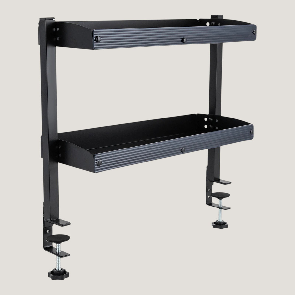 Black carbon steel Melora 2-tier desk shelf with clamp mount