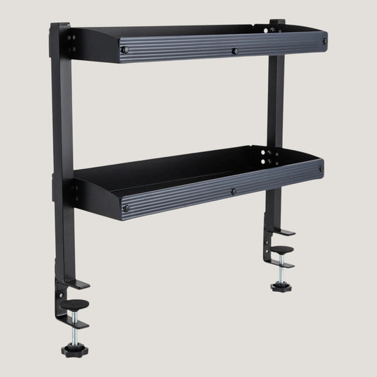 Black carbon steel Melora 2-tier desk shelf with clamp mount