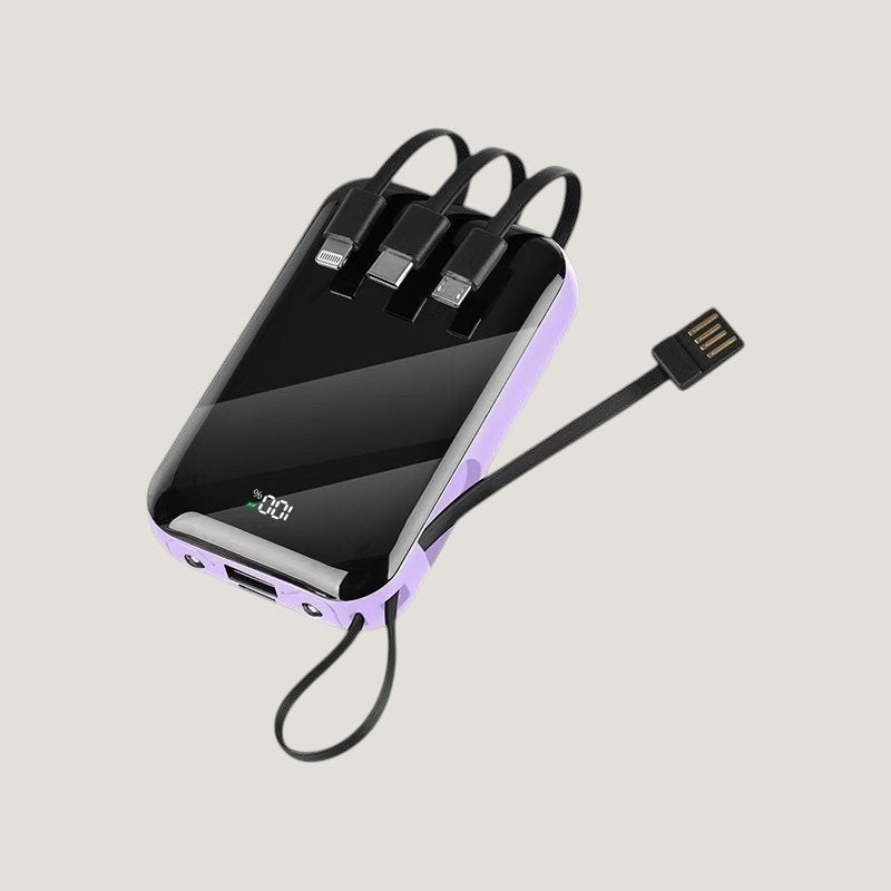Purple Melora wireless power bank with built-in cables and LED display