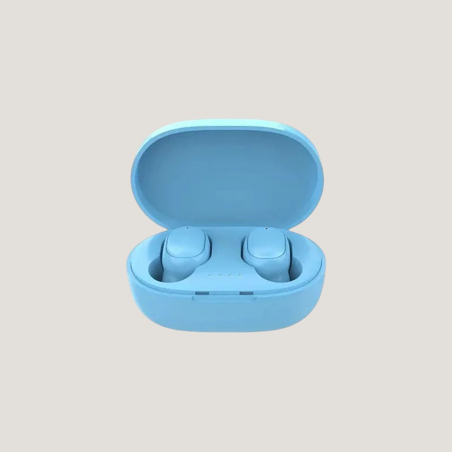 Light blue Melora true wireless earbuds in charging case with LED indicator