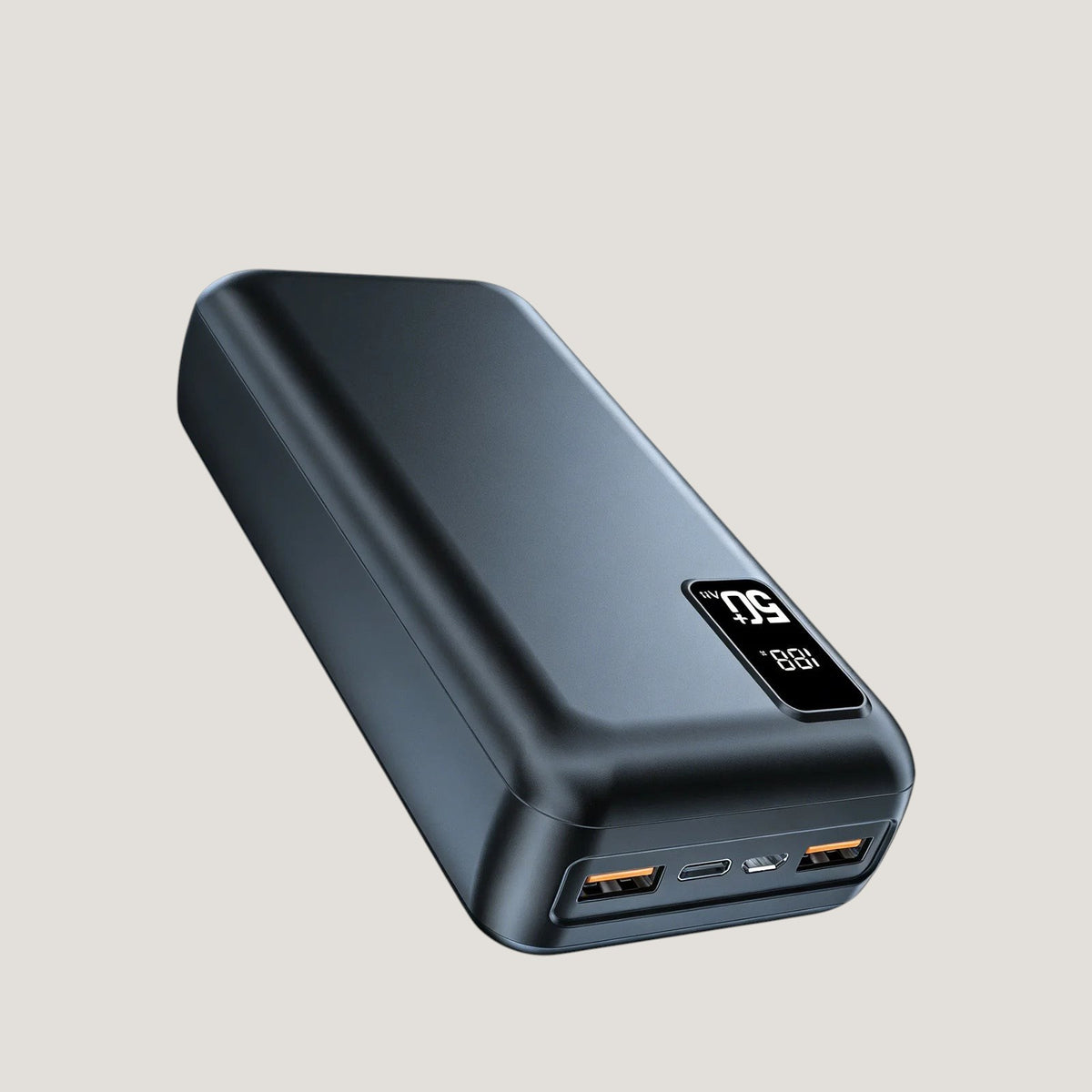 Black Melora Hganus 50000mAh power bank, alternate view with digital display and charging ports