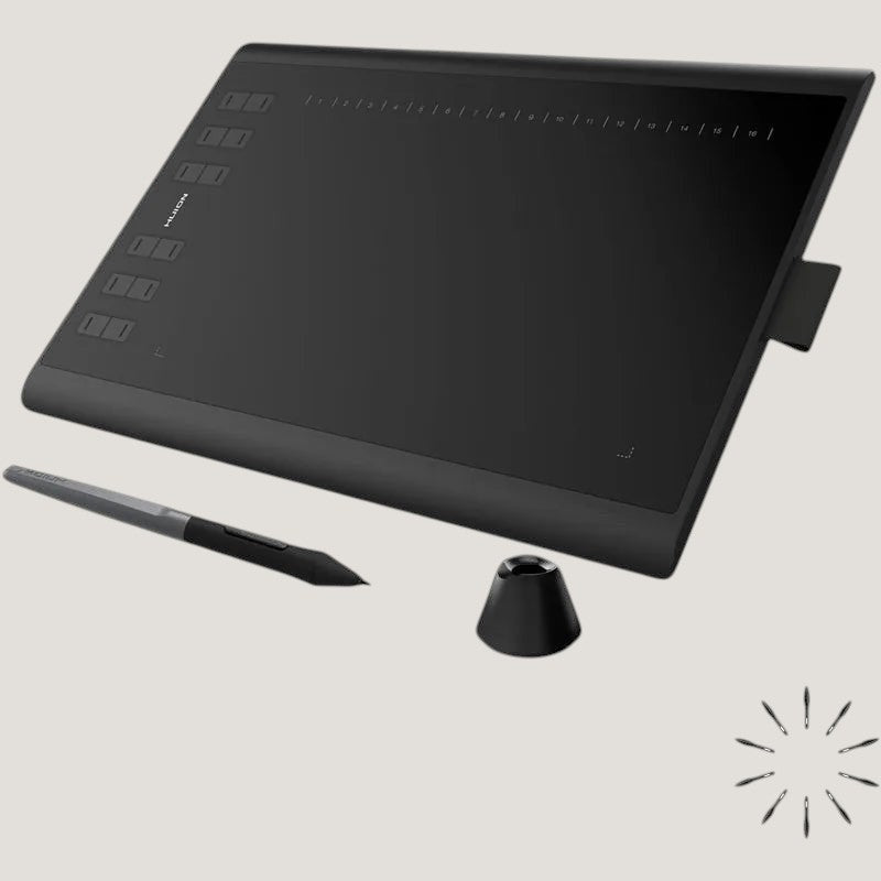 Black HUION H1060P drawing tablet by Melora, alternate view with stylus and stand