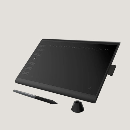 Black HUION H1060P drawing tablet by Melora with battery-free stylus and drawing stand