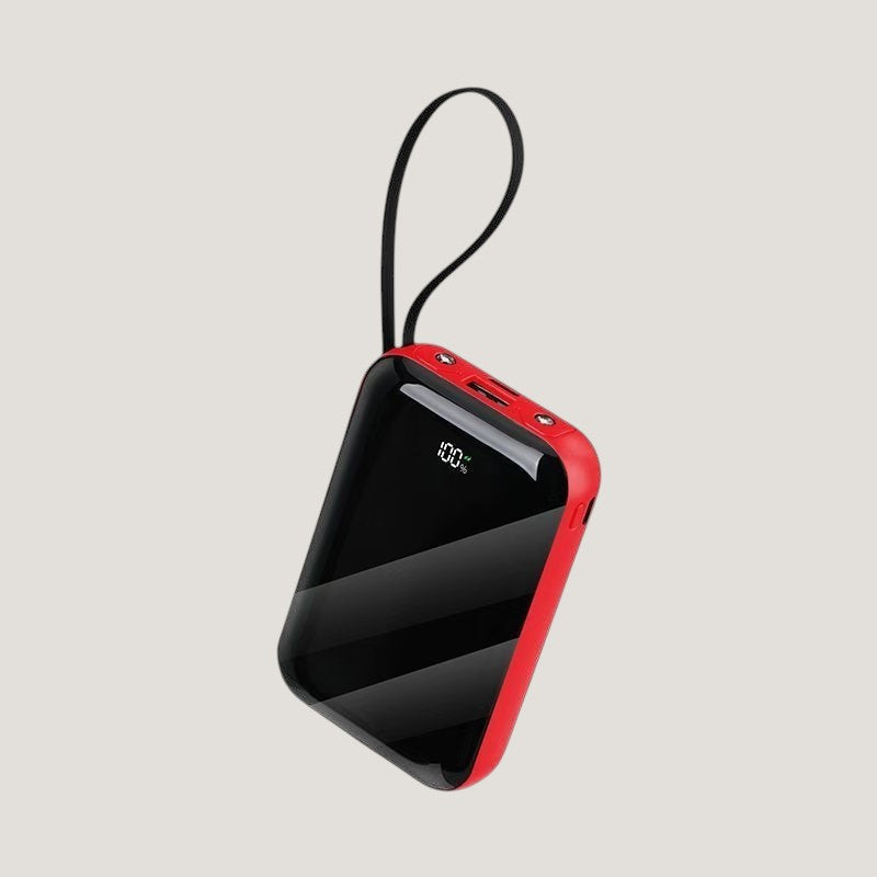 Red Melora wireless power bank with digital display and built-in charging cable