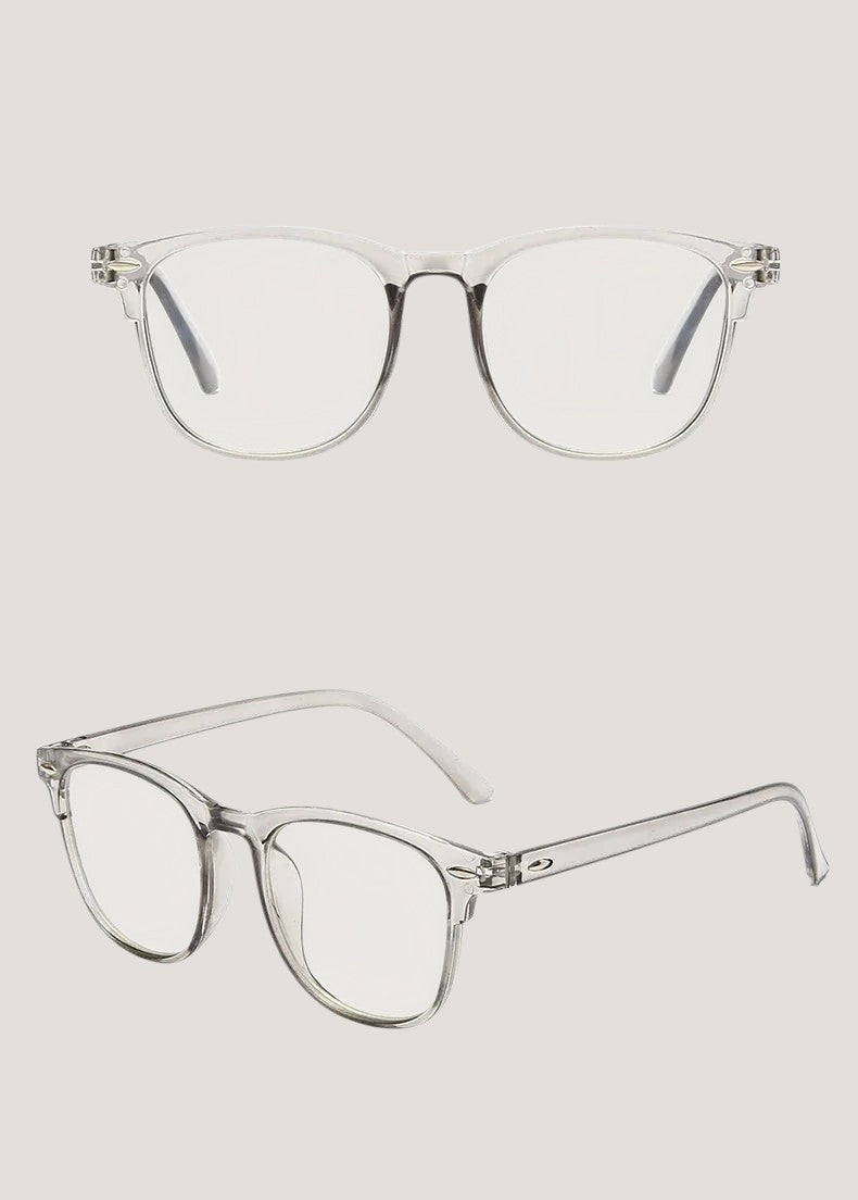 Melora round blue light glasses with clear gray plastic frame for computer work