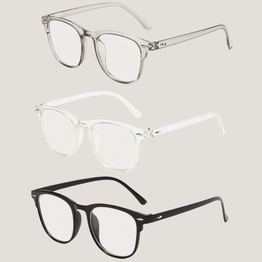 Set of three Melora round blue light glasses in black, white and gray frames