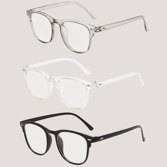 Set of three Melora round blue light glasses in black, white and gray frames