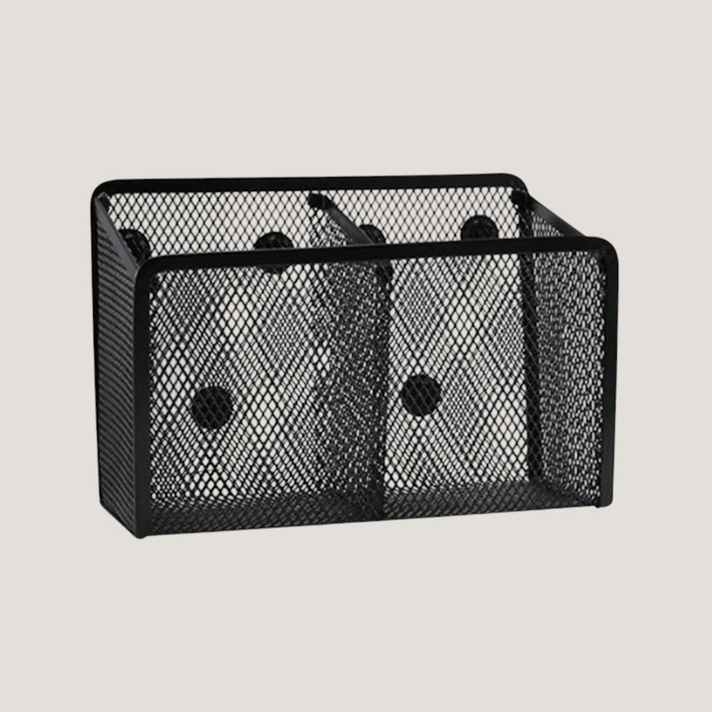 Black Melora magnetic metal mesh organizer with two compartments for office supplies