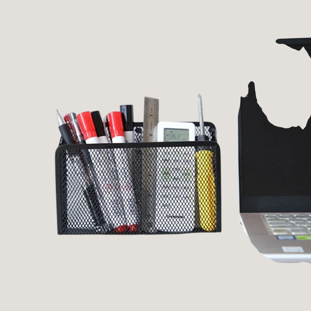 Black Melora magnetic metal mesh organizer holding office supplies on a desk