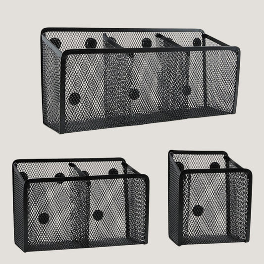 Set of black Melora magnetic mesh organizers with one, two and three compartments for the office
