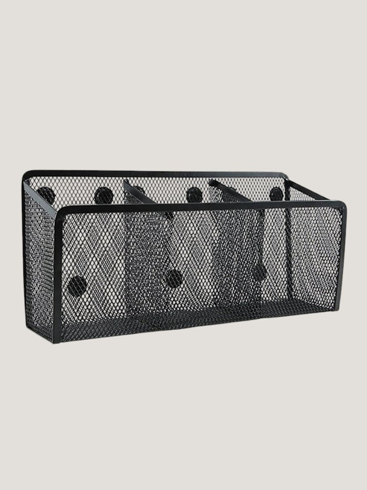Black Melora magnetic metal mesh organizer with three compartments for office supplies