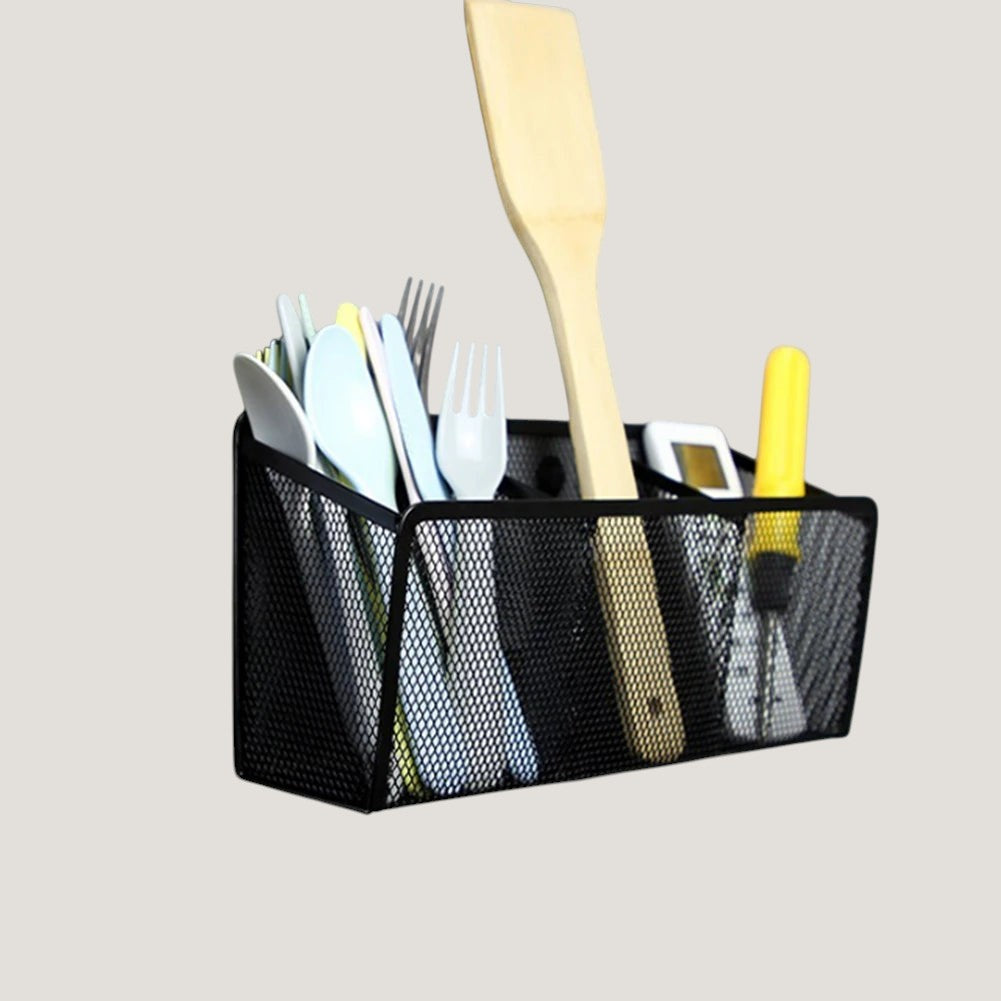 Black Melora magnetic metal mesh organizer mounted on a refrigerator with kitchen items