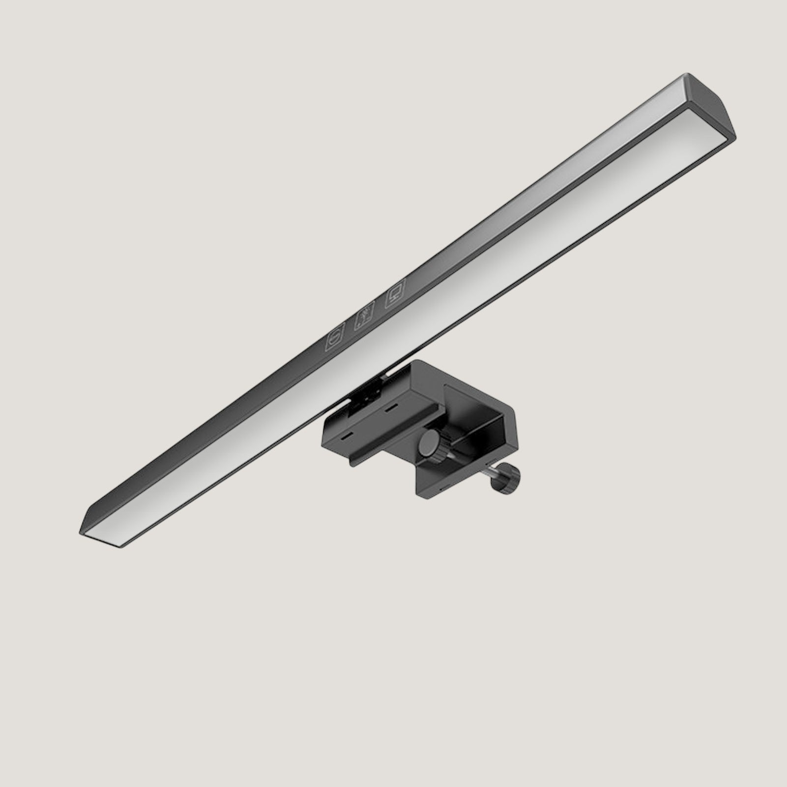 Black Melora monitor light bar with touch controls, shown mounted on a desk setup