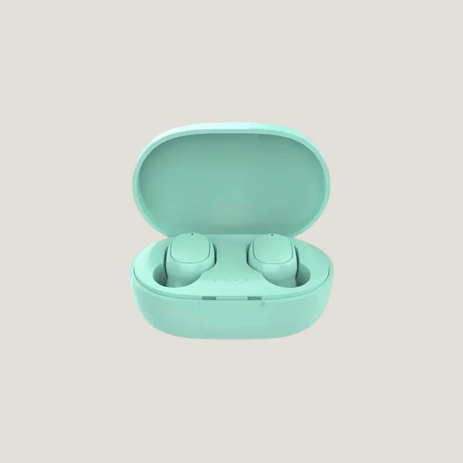 Mint-green Melora true wireless earbuds in charging case with LED indicator