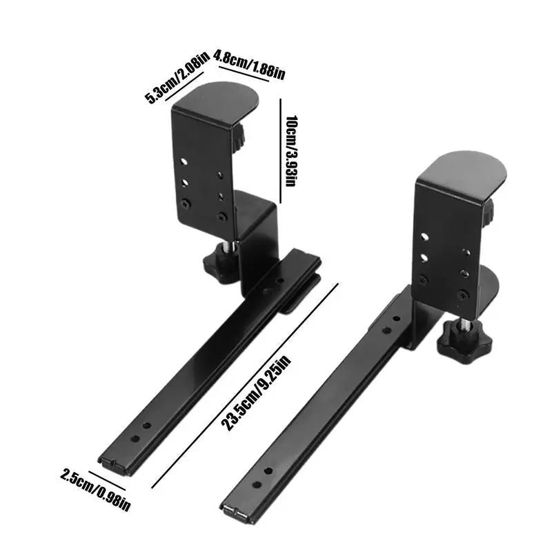 Black steel Melora under-desk keyboard tray rails with clamp mount and height adjustment