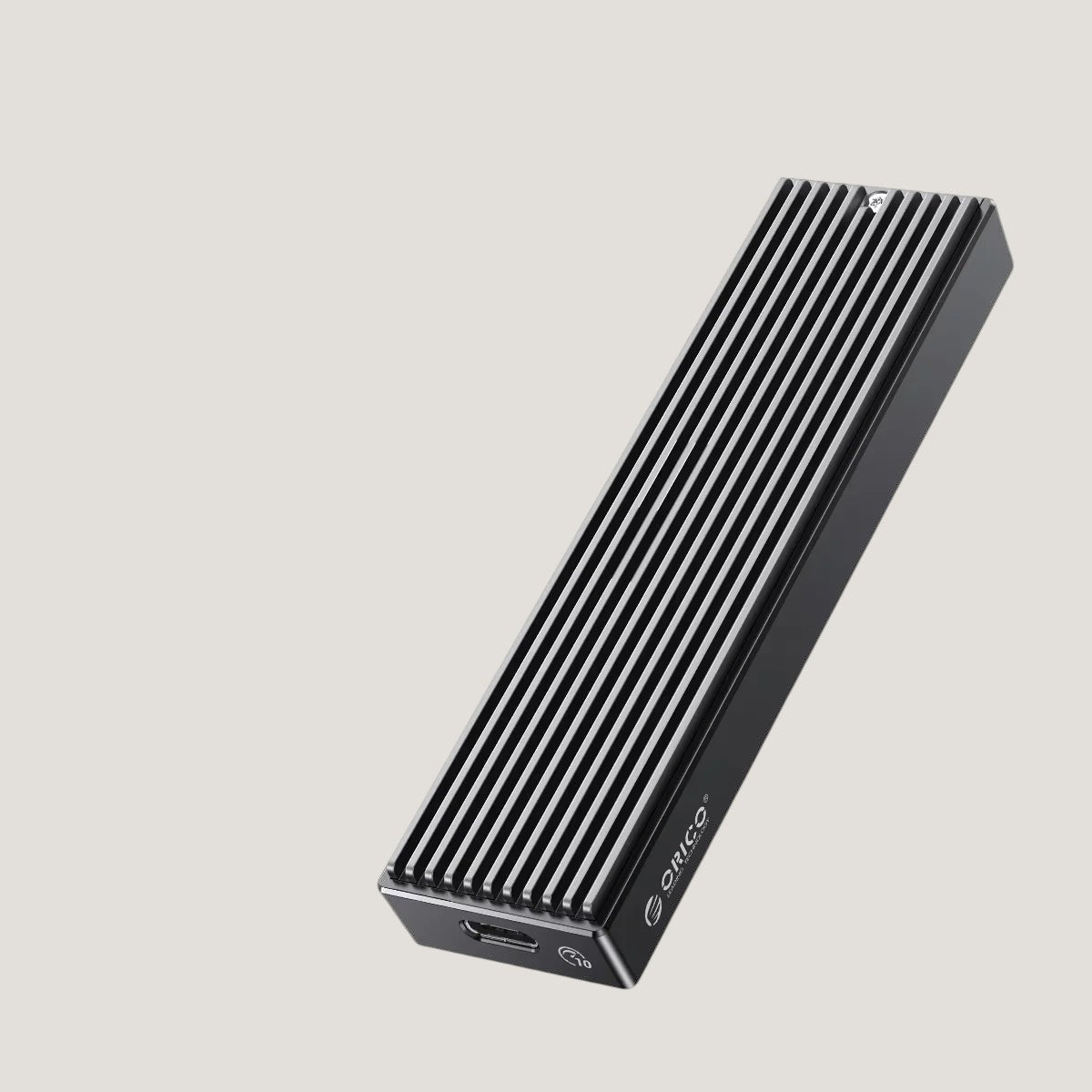 Aluminum Melora ORICO M.2 SSD enclosure with ribbed design and USB-C port