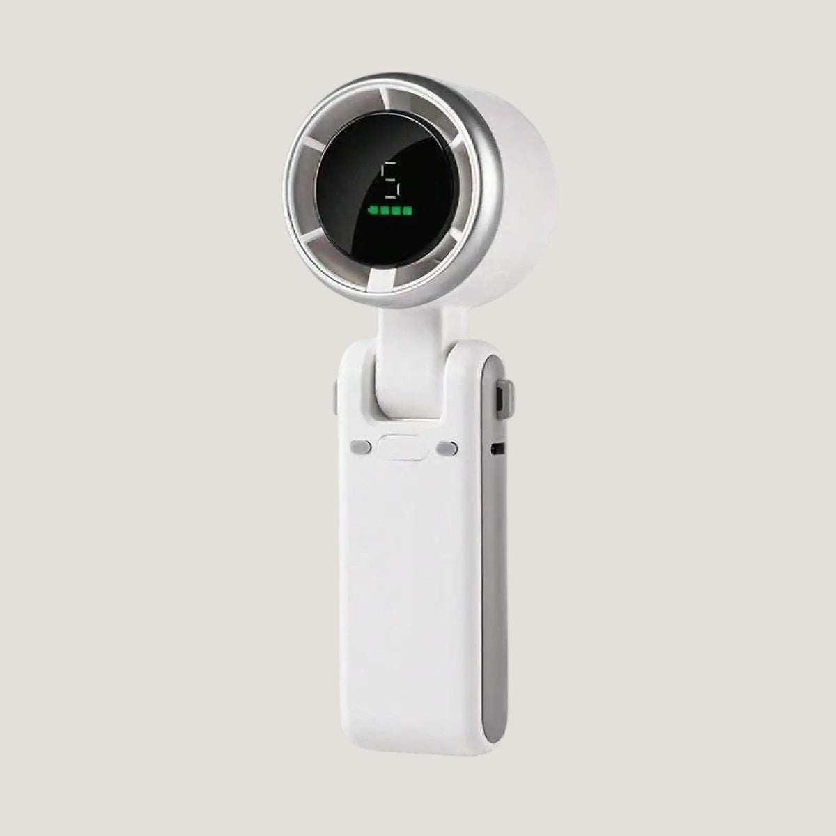 White Melora foldable handheld fan with digital display and rechargeable battery