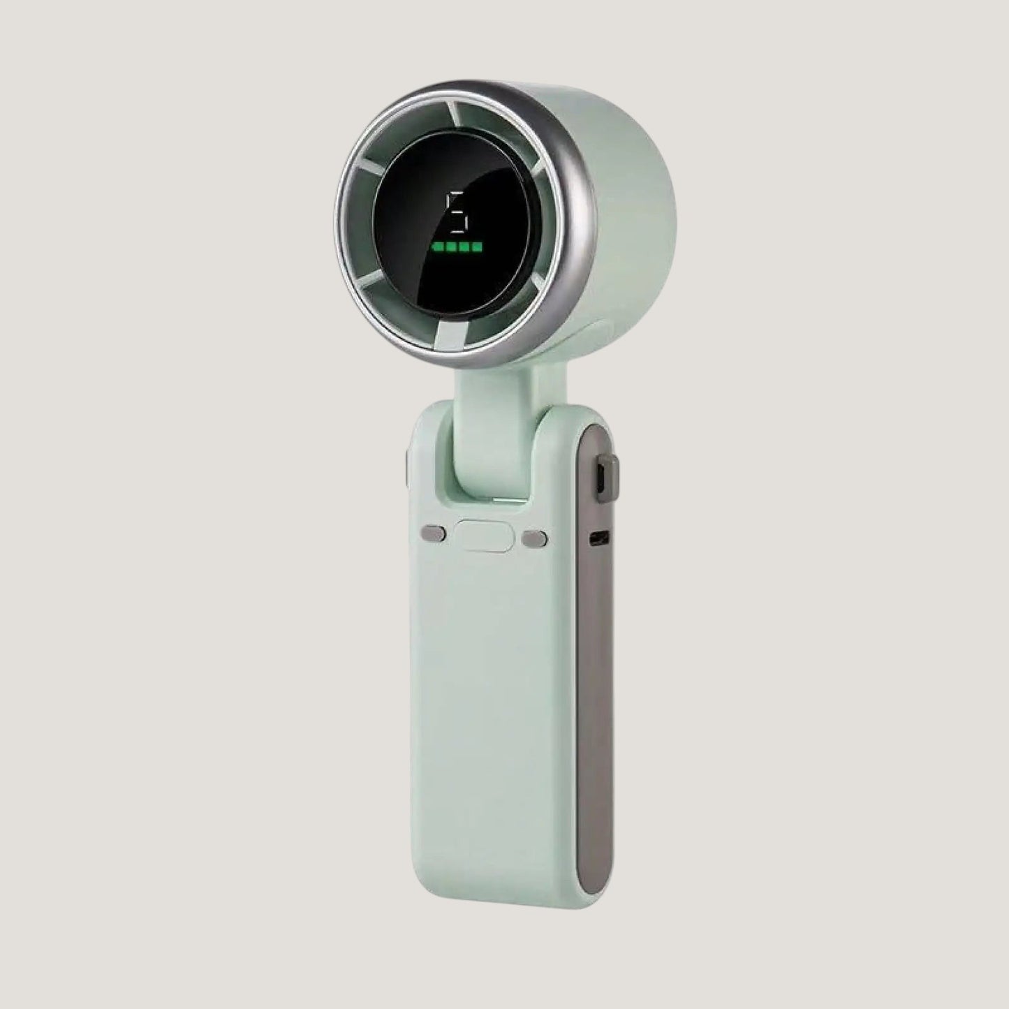 Mint-green Melora foldable handheld fan with digital display and rechargeable battery